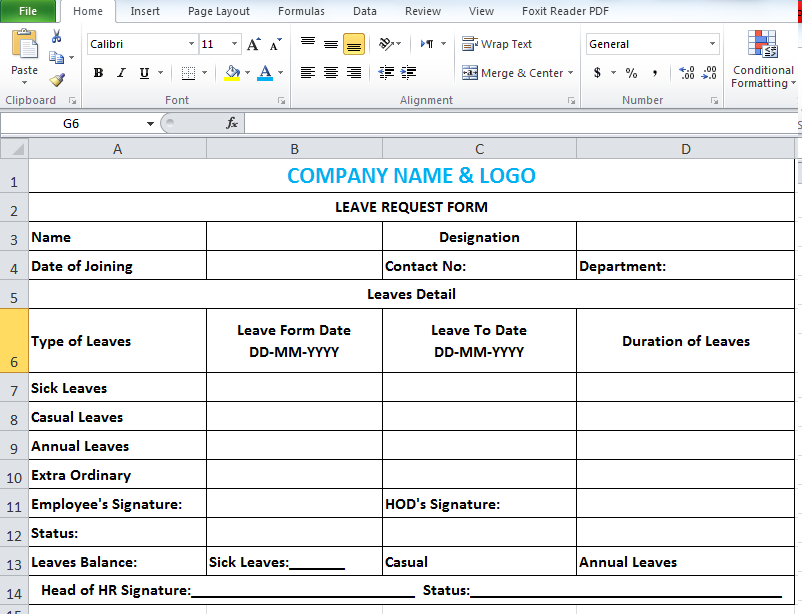 leave application form format for employee